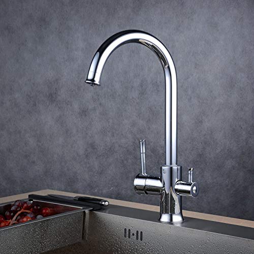 DRFGNF Grifo Mezclador de Cocina de 3 vías con Agua, Grifo Monomando Giratorio de 360° para Fregadero de Cocina con Agua fría y Caliente de latón