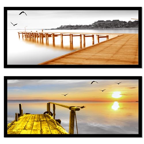 Image of PAINTINGMANTRA Landscape Framed Painting Peir Sunrise on Water Poster Framed Art Print For Living Room, Decorative Home & Wall Decor - Set Of 2 (Black Frame, 8x18 Inch)