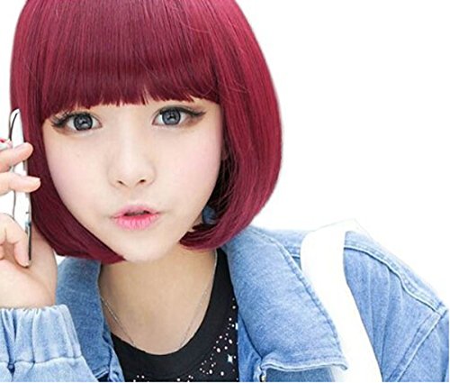SuperWigy Wigs for Girls' Hot Sale Wine Red Short Bob Straight Hair Full Bangs Party Wig