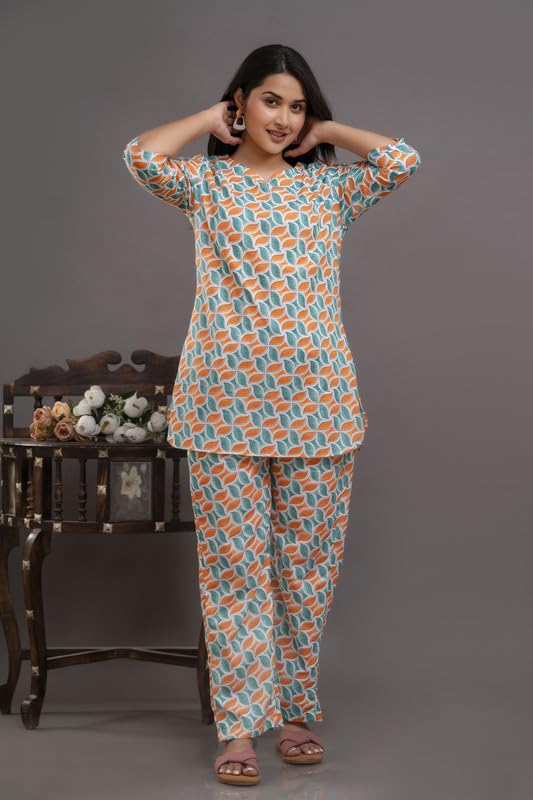 Image of Pure Cotton Printed Night Suit Top and Pyjama Set for Women's Night Dress of Shirt & Pyjama Set for Womens