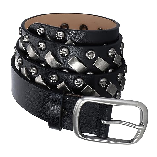 Men & Women Studded Belt with Bright Silver Circle Round and Other Metal Studs Punk Rock Rivet Leather Strap for Jeans