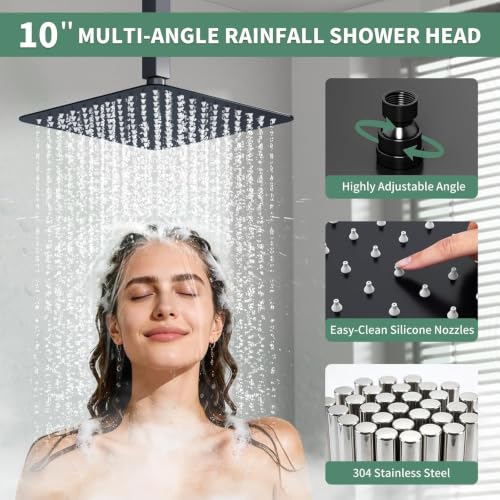 SunCleanse Sistema de Ducha 3 Vías Negro Mate con Ducha de Mano para Pareja | Cabezal de lluvia de 10", Rociador de pared de 6", varita de mano, desviador de botón, válvula anti-quemaduras, boquillas de limpieza fácil miniatura 4