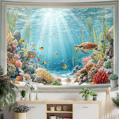 Lifeella Under the Sea Window Tapestry, Coastal Turtle Ocean Mura...