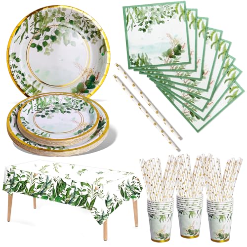 Nkaiso Juego de vajilla verde salvia para fiesta, 121 piezas, platos de papel, vasos, servilletas, pajitas para 24 invitados