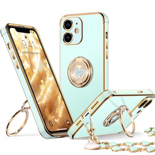 Coque iPhone 12 Mini de luxe avec strass bling et cœur mignon vert