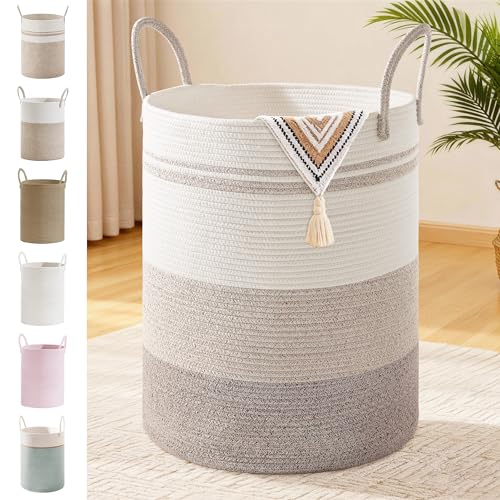 Image of 100L Extra Large Tall Cotton Rope Laundry Basket with Handle, Brown Striped