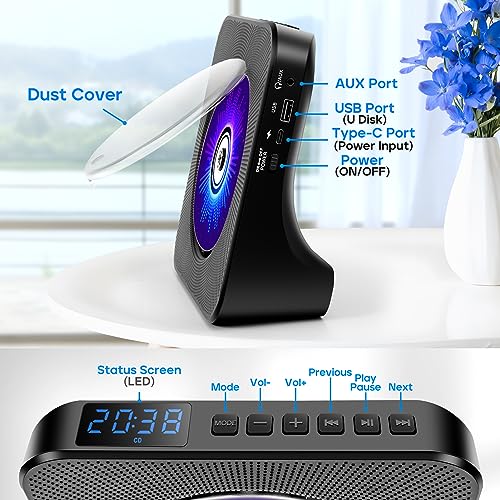 Image of ROADOM Portable CD Player with Bluetooth, Hi-Fi Speakers & FM Radio | Bluetooth transmitter & receiver, kpop compact CD player for kids & seniors, Hi-Fi stereo, sleep timer, USB /AUX, 5 CD formats