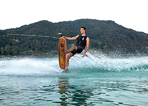 Foto von MESLE TwinTip Trickski Fusion Duo mit B6.2 Bindung, Länge 107 cm- 111 cm, TwinTip Wasserski Trickski mit Grind Base, Continuous Rocker, Holzkern, Wood-blau-gelb, Längen:43.5''