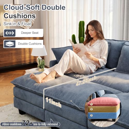 Image of 107 inch Cloud Couch Sectional Modular Sofa, Deep Seat Couches with Ottoman and Removable Washable Pillows for Living Room, Bedroom, Apartment, Blue