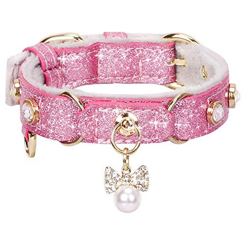 PetsHome Cat Collar, Dog Collar, [Bling Rhinestones] PU Leather Adjustable Pet Collar with Luxury Pendant for Big Cat and Small to Medium Dog Small Pink