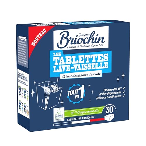 JACQUES BRIOCHIN - 30 tablette lave-vaisselle sans parfum - Action puissante contre les taches - Dégraissante - Brillance et Anti-trace - 90% d'Origine...