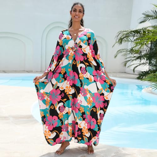 Image of IMAGEKOPE Women's Plus Size Animal Print V-Neck Batwing Kaftan Beach Dress Bathing Suit Cover-Up Loungewear
