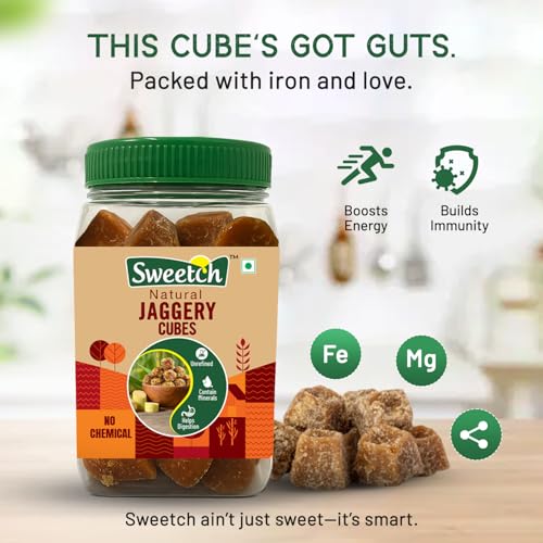 Image of Sweetch Natural Cane Jaggery Cubes 500gm Jar Healthy Sugar Substitute, Desi Gud Bites Size Small | Helps in Digestion | Traditional Sweetener | Sugarcane Jaggery, Gur | Chemincal Free, Nutrient-Rich & Contains Minerals