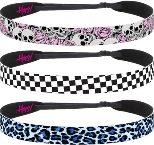 Hipsy 3-pack Women's 1980s Inspired 80s Decade 7/8" Wide Headbands Hairbands for Women Girls & Teens (Blue Cheetah/Black Checkerboard/Pink Skulls 3pk)
