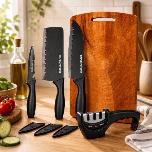 Image of Kitchen Knife Set with Wooden Cutting Board & Knife Sharpener | Black Coted Stainless Steel Blades with Cover | 3 Slots Sharpener | Wood Chopping Board for Vegetable, Fruit & Meat Cutting