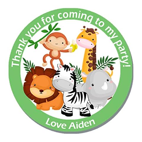 24 x Personalised Jungle Animal Birthday Gift Stickers - Thank You, Favour, Birthday, Party, Themed Event (Design 1) Cover