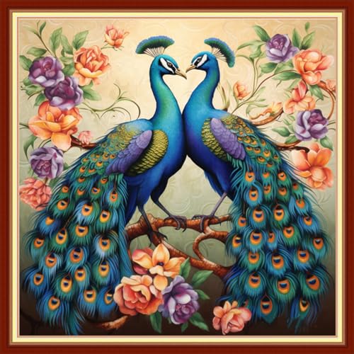 Image of Dimxvean Stamped Cross Stitch Kits,Cross Stitch Kits for Adults Beginners,Embroidery Kits Full Range of Cross Stitch Stamped Kits Needlepoint Kits Cross Stitch Patterns- Peacock Flower 18x18 inch