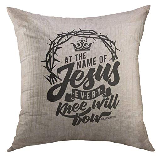 Mugod Decorative Throw Pillow Cover for Couch Sofa,Church Bible Lettering Christian at the Name of Jesus Every Knee Will Bow Apocalypse Baptism Home Decor Pillow case 18x18 Inch