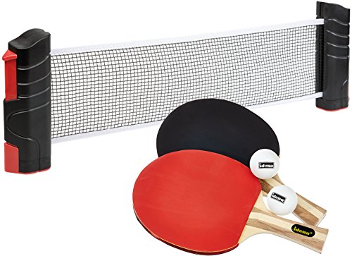 Preisvergleich Produktbild Idena - Tischtennisnetz, ausziehbar bis 176 cm, bis 5,2 cm Tischplattenstärke, schwarz + Tischtennis Turnierset, 2 Schläger, 2 Bälle, Hülle, farblich Sortiert