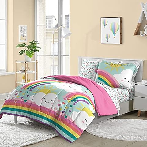 dream FACTORY Kids 5-Piece Complete Bed Set Easy-Wash Super Soft Microfiber Comforter Bedding, Twin, Teal Rainbow Flare, (2D872501TE) Cover