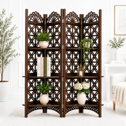 Image of Wooden Partition Divider for Living Room, Partition Wall, Privacy Divider, Freestanding Folding Panels (6 feet 5 Panel with Shelf) (6 Feet 4 Panel with 3 Shelf Brown)