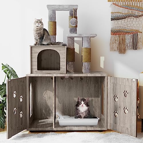 Recaceik Cat Litter Box Enclosure with Cat Tree, Hidden Cat Washroom Furniture with Divider, Wooden Cat House with Platform, Scratching Post and Soft Plush Perch, Indoor Pet Cabinet, Gray - Thumbnail 3