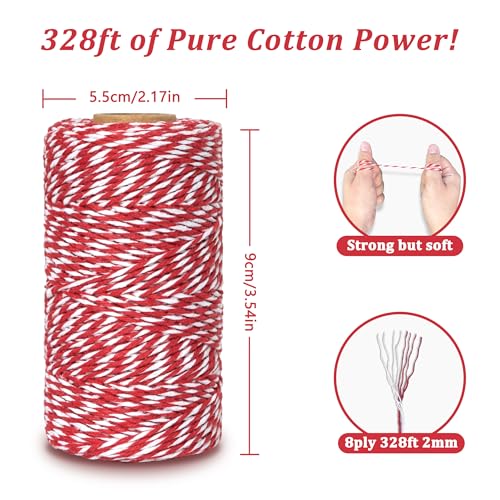 Cotton Twine String, 328 Feet Red & White - Christmas Twine for Gift Wrapping, Crafts, Baking, Butchers, Holiday Decorations, DIY, Kitchen & Gardening