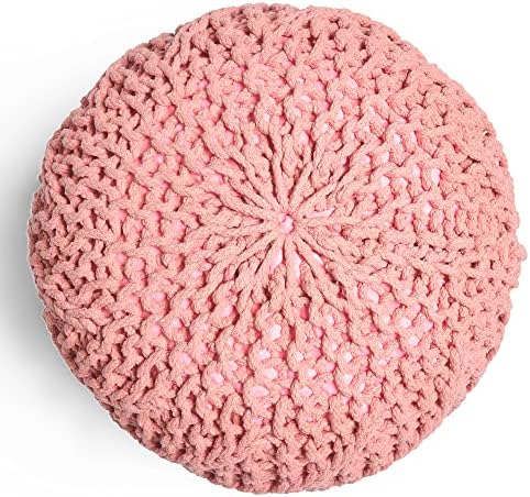 BTFY Knitted Pouffe Footstool - Cotton Chunky Knit Handmade Pouf Foot Rest - Round Blush Pink Ottoman - Boho Style Modern Non Crease Pouffe For Living Room & Bedroom - 49cm Diameter
