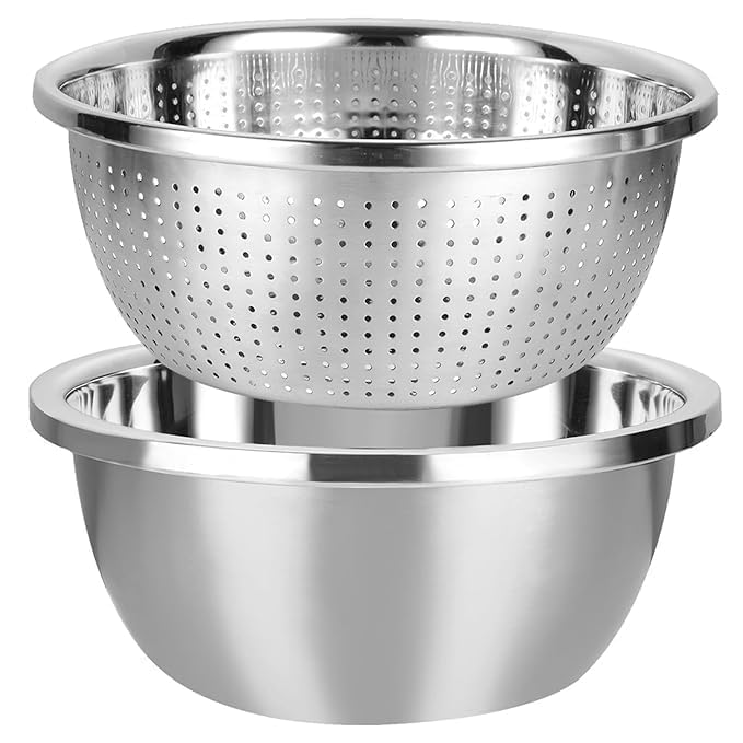 VANKCC 2 Pcs Set Stainless Steel Colander with Mixing Bowl Set – Vegetable & Fruit Washing Strainer, Pasta Rice Drainer, Kitchen Strainer Bowl, Multipurpose Food Prep Colander
