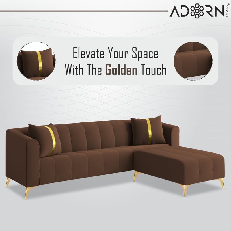 Image of Adorn India Premium Mystic - 3 Years Warranty - L Shape 5 Seater Sofa Set Velvet Suede Fabric - Brown
