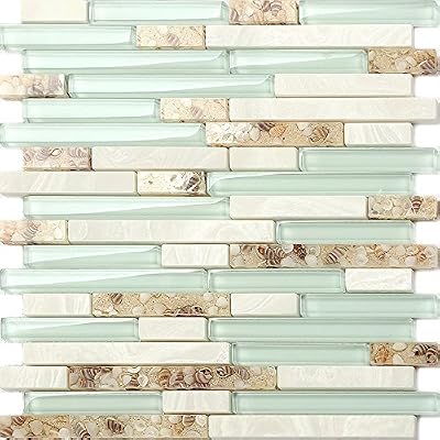 Hominter Beach Style Tile Real Seashell Conch Inside Lake Green Crystal Glass White Stone Linear Mosaic Bathroom Wall Tiles Coastal Kitchen Backsplash (11 Square Feet)