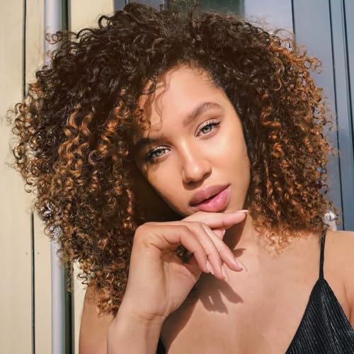 PORSMEER Peluca afro rizada marrón mezcla rubia pelo sintético natural con flequillo para mujeres longitud de hombro afro rizado bob peluca volumen para mujeres negras, 35 cm ombre marrón