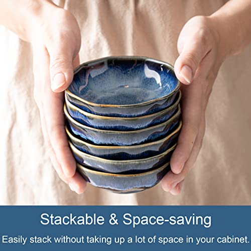 Hokeler 3.7 Inch Small Ceramic Dipping Bowls Pinch Dip Bowl Side Dishes For Soy Sauce Dessert Tomato, Set Of 6, Black & Blue #TOP2