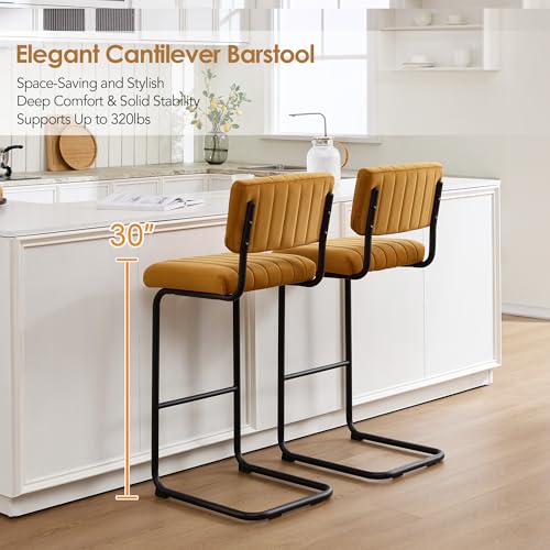 Image of ONEVOG 30 Inch Modern Bar Stools Set of 2, Upholstered Mid Century Modern Bar Height Stools Chairs with Tufted Cushion and Backs, Velvet Fabric Cantilever Barstools for Kitchen Island Pub