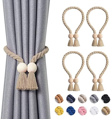 Pretty Jolly 4 Pack Wooden Polyhedron Magnetic Curtain Tiebacks Boho Home Decor Drape Tie Backs Natural Cotton Hand Woven Rope Curtain Holdbacks for Home & Office Window Draperies (Beige)