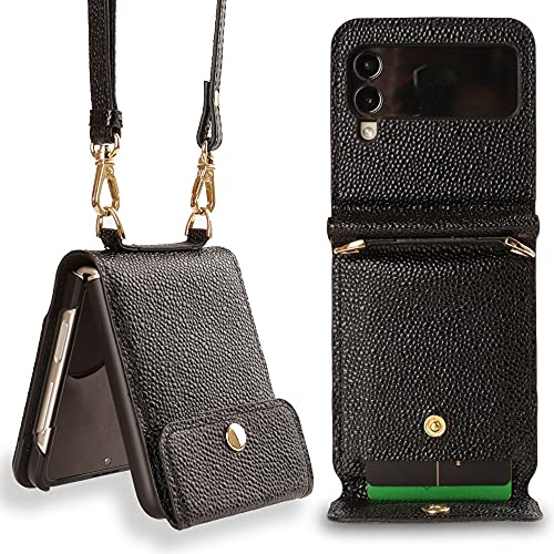 Samsung Galaxy Z Flip 3 Case, Galaxy Z Flip 3 5G, Genuine Leather Wallet Samsung Z Flip 2 Card Case, 3 Credit Card Case Secret Pocket Phone Case Cover for Samsung Galaxy Z Flip 3 5G - Black
