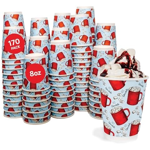 Upper Midland Products [170 Cups 8 oz Disposable Hot Chocolate Cups - Double Wall Insulated Cups - Disposable Hot Cocoa Christmas Cups- Recyclable To Go Cups Cover