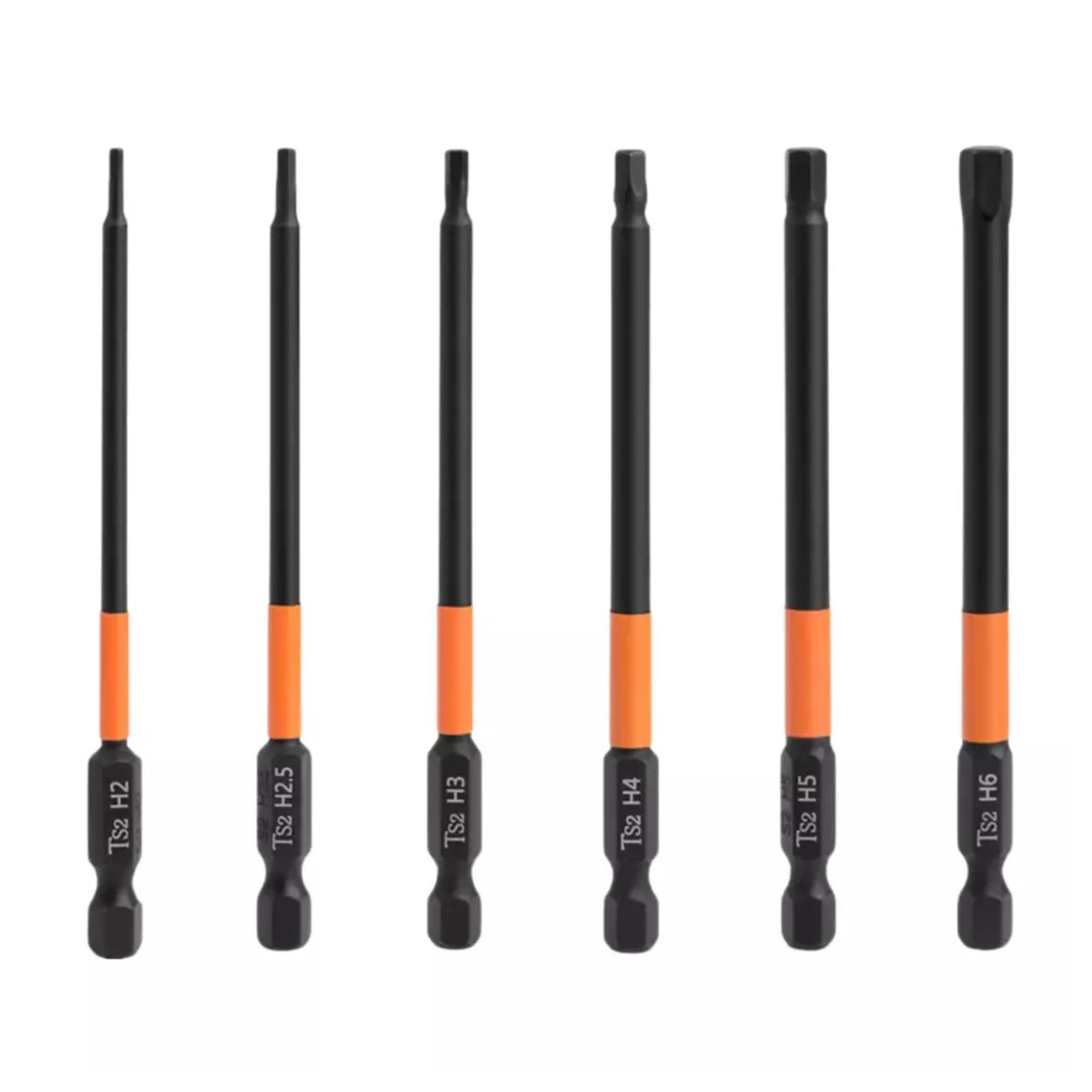 Okodoko Black 6Pcs Assorted Magnetic Allen Key Wrench Drill Bit Attachment Set With 1/4 Inch Hex Shank S2 Steel H2/H2.5/H3/H4/H5/H6 Metric Impact Hex Head Screwdriver Bit Set - 3.93 Inch / 100Mm Long