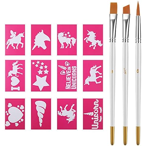 24 Pcs Unicorn Face Paint Stencil with 3 Brush, Reusable Face Paint Stencils Body Painting Template Facial Makeup Design and Making Journal Scrapbooking Tools for School Show Birthdays Party Cover