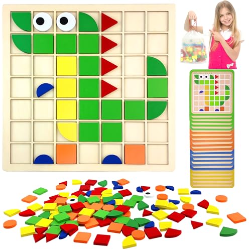 VingaHouse 120PCS Mosaik Holzpuzzle, Form Holz Kinder Tangram Mosaik-Puzzle Montessori Spielzeug ab 3 4 5 6 Jahre Hölzerne Muster Blöcke Set Feinmotorik Lernspielzeug Geschenk für Mädchen und Jungen