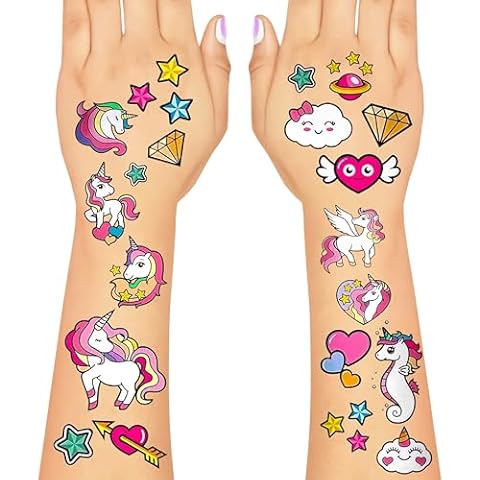 Tatodays 16 x Unicorn temporary tattoos sheets for girls age 7-8 unicorns hearts rainbows stars fake transfer stick on tumblers Cover