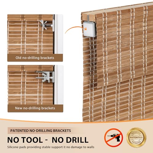LazBlinds No Tools No Drill Cordless Bamboo Roman Shades, Light Filtering Window Treatment, Roll Up Bamboo Blinds for Windows 34'' W x 64'' H, Brown