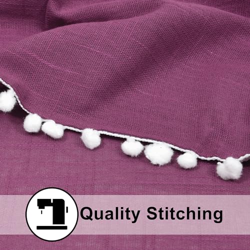Image of THE LINEN COMPANY Cotton Sheer Grommet Curtains with Side Border Pompom Sheer Curtain for Long Door Linen Textured, Light Filtering, Pack of 2 (Plum, 8 Feet)