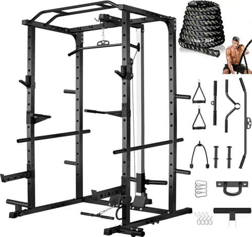 Image of JEEKEE Power Rack with LAT Pulldown, 2000LBS Power Cage with Cable System, Multi-Function Squat Rack with J-Hooks, Safety Bars, Landmine, Pull Up Bar & Attachments for Home Gym Strength Training,Black