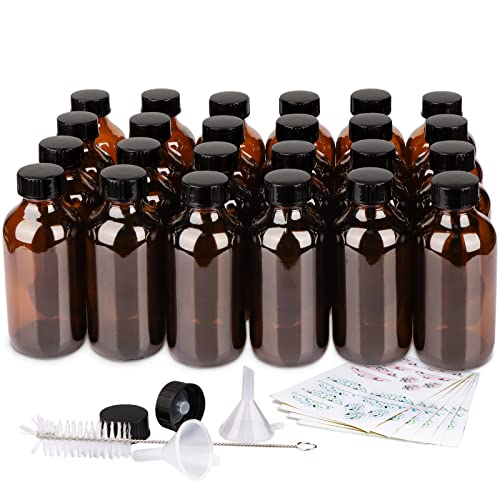 PINIWON 24 Pack 4 oz Amber Glass Bottles 120ml Boston Round Sample Bottles with Black Poly Cone Caps Labels Funnels and Brush