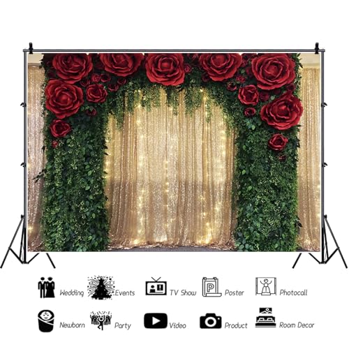 Fondo fotográfico rojo con rosas y lentejuelas 7x5ft miniatura 2