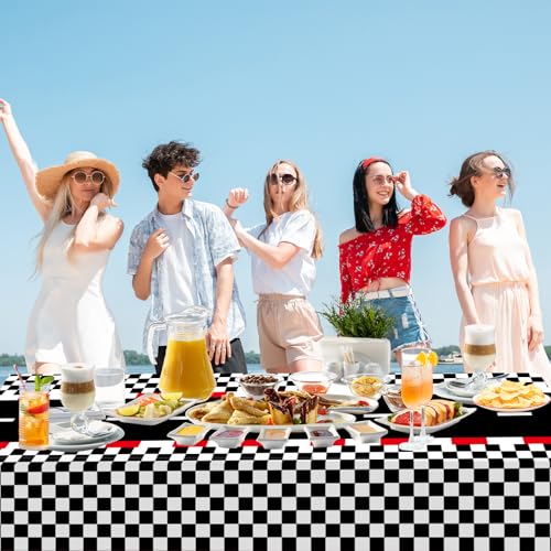 Image of WNINK 3 PCS Racing Car Theme Tablecloths Car Disposable Plastic Tablecloths Black Checkered Flag Table Covers Racetrack Rectangular Tablecloth for Race Car Birthday Party Decorations, 54 x 108 Inch