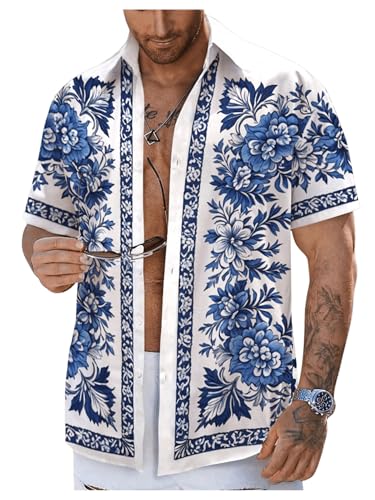 OYOANGLE Men's Floral Print Button Down Collared Shirts Summer Vacation Beach Shirt Tops