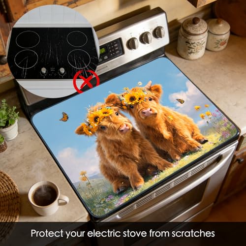 Image of Nuxovilar Highland Cow Stove Cover Diatom Mud 28.65x20.47 In | Glass Protector Countertop Mat Counter Saver Cooktop Cover Farmhouse Cottage RV Room (Highland Cow Wreath)