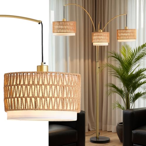 GHCKER Gold Rattan Floor Lamp for Living Room, 80 Inch Tall Boho Floor Lamp with Rotary Switch, 3 Lights Arc Lamp with Wicker Shade for Coastal,Bohemian,Tree Farmhouse Standing Lamp